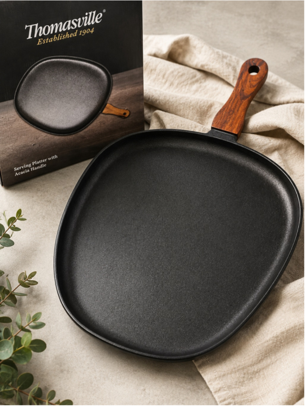 Thomasville Black Serving Platter with Acacia Handle, One Size, Black and Brown